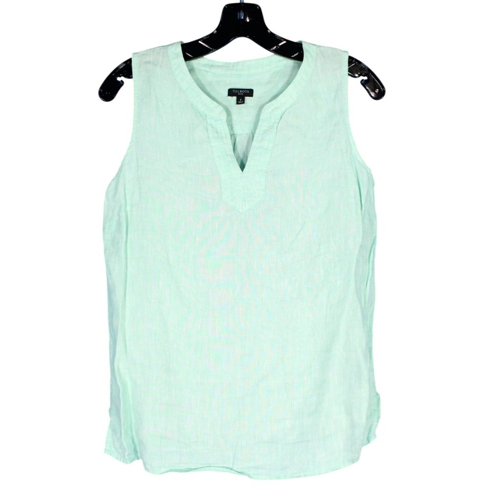 TALBOTS PETITE Lightweight LINEN Green SLEEVELESS V-Neck BLOUSE/TANK TOP Sz SP